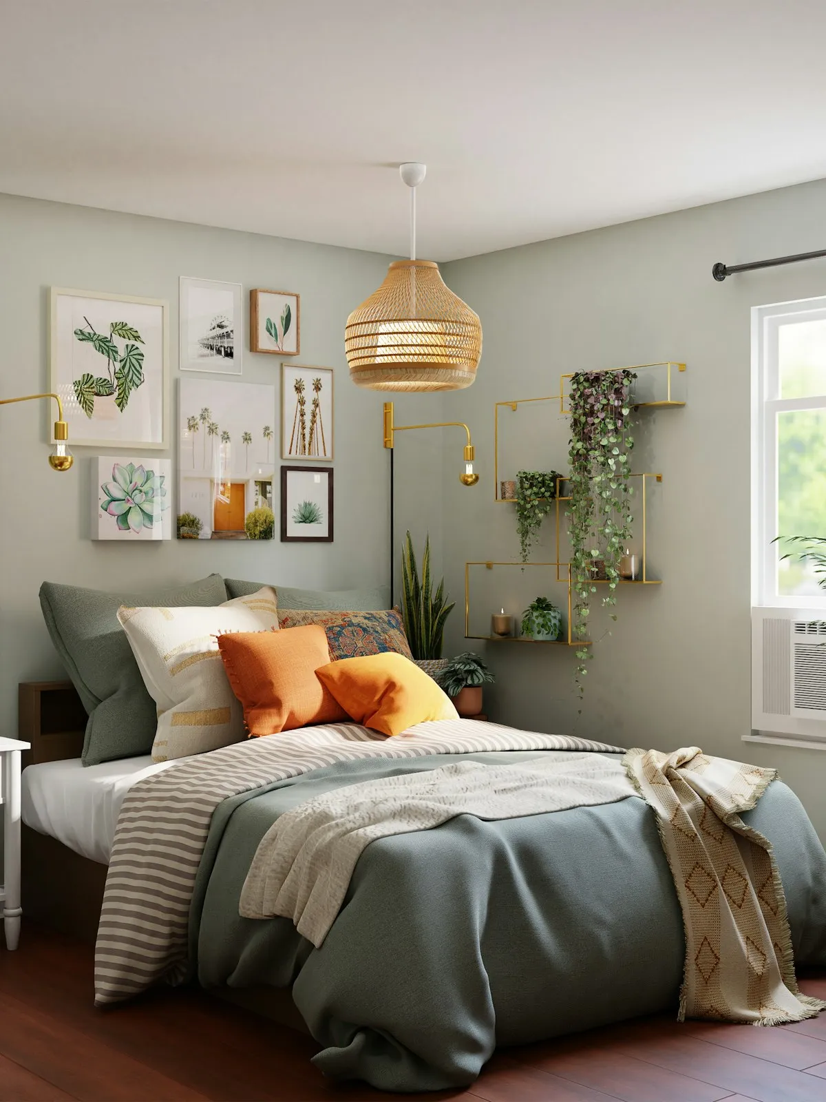A calm bedroom with layered bedding, framed prints and plants