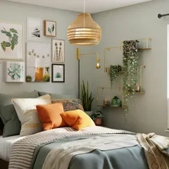 A bedroom with soft green walls, layered textiles and hanging plants